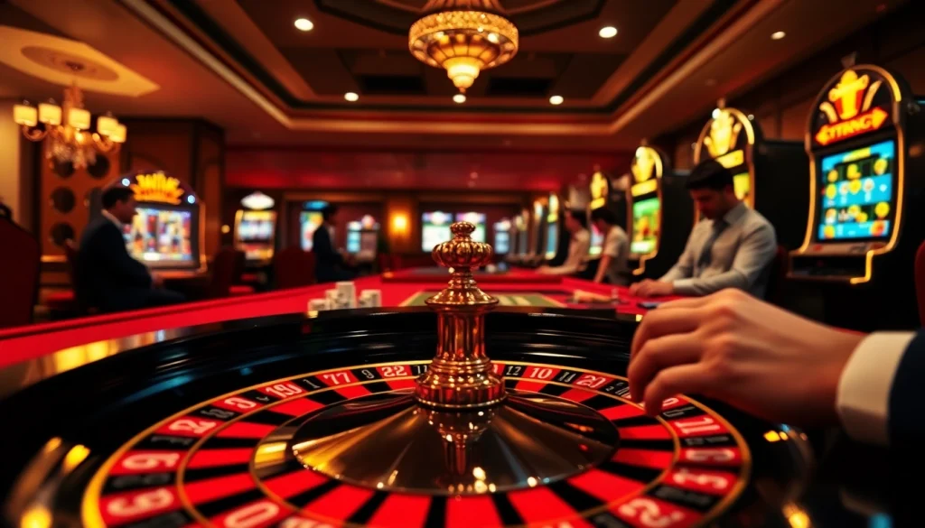 Découvrez une scène captivante de casino fiable en ligne avec des joueurs aux tables de roulette et des machines à sous vibrantes.