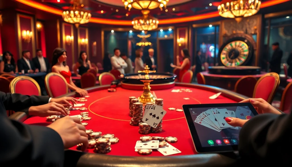 Scène de casino captivante mettant en avant le poker à enjeux élevés et les options de paris en ligne, incarnant un casino fiable en ligne.