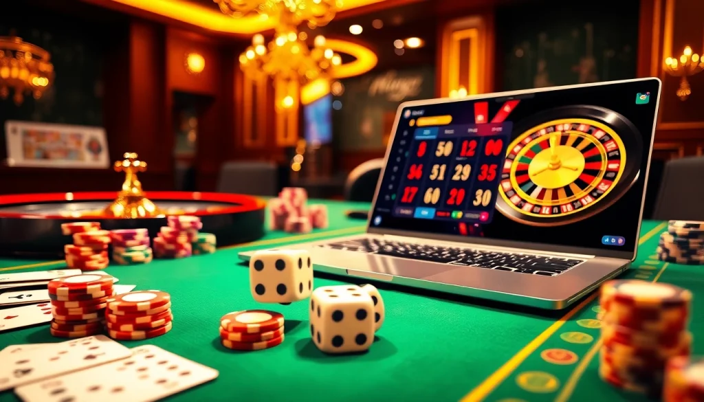Scène d'action engageante d'un casino en ligne professionnel, mettant en avant des éléments de roulette et de poker, soulignant le casino fiable en ligne.