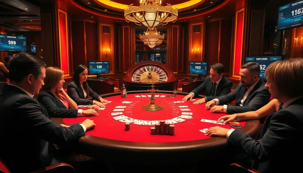 Des joueurs engagés dans un jeu à enjeux élevés dans un casino fiable en ligne, mettant en valeur des jetons de poker et une roulette.