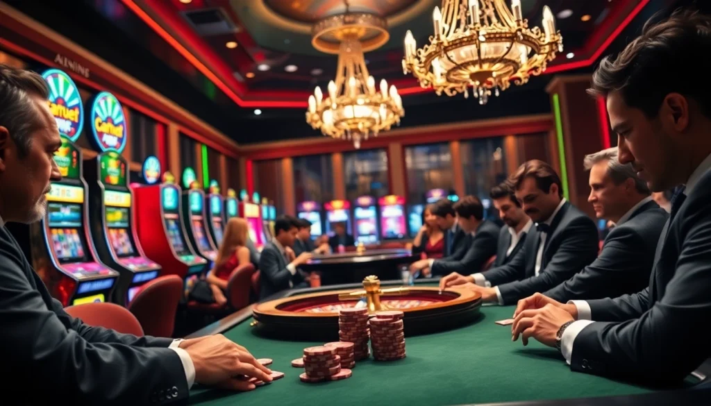 Un jeu de poker à enjeux élevés dans un environnement de casino opulent, illustrant l'excitation et le professionnalisme dans le casino fiable en ligne.