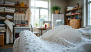 Bekijk kanten stof per meter, prachtig afgebeeld met rijke texturen in een creatieve omgeving.