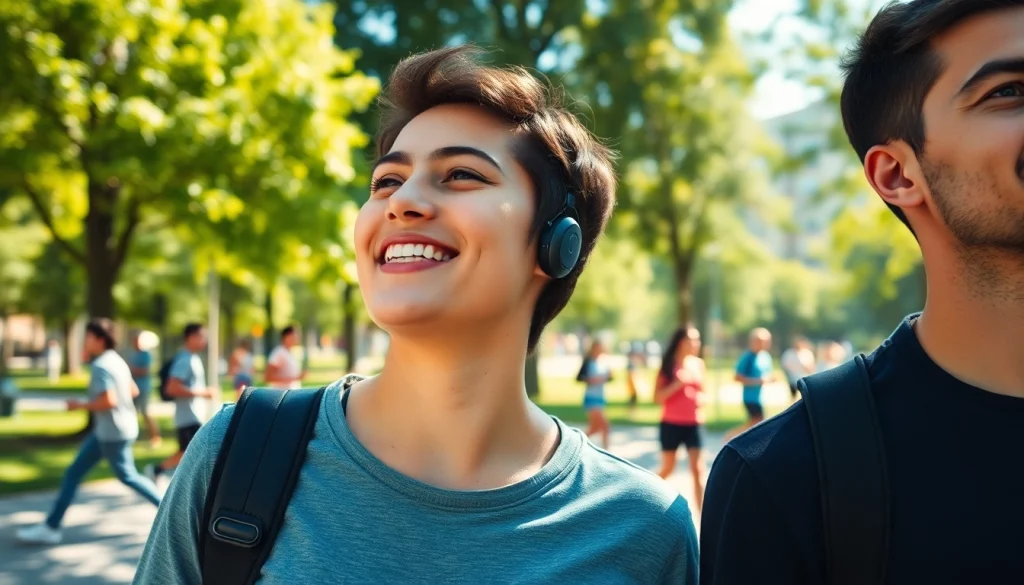 Enjoying Bone X1 Bone Conduction Headphones while relaxing in a sunny urban park.