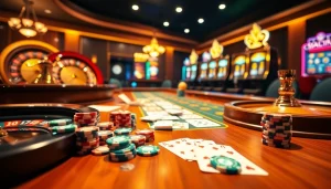 Scène engageante d'un casino fiable en ligne mettant en avant des jetons de poker vibrants et des roues de roulette.