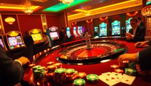 Scène captivante révélant une atmosphère de casino fiable en ligne avec une table de roulette luxueuse et des joueurs élégants.
