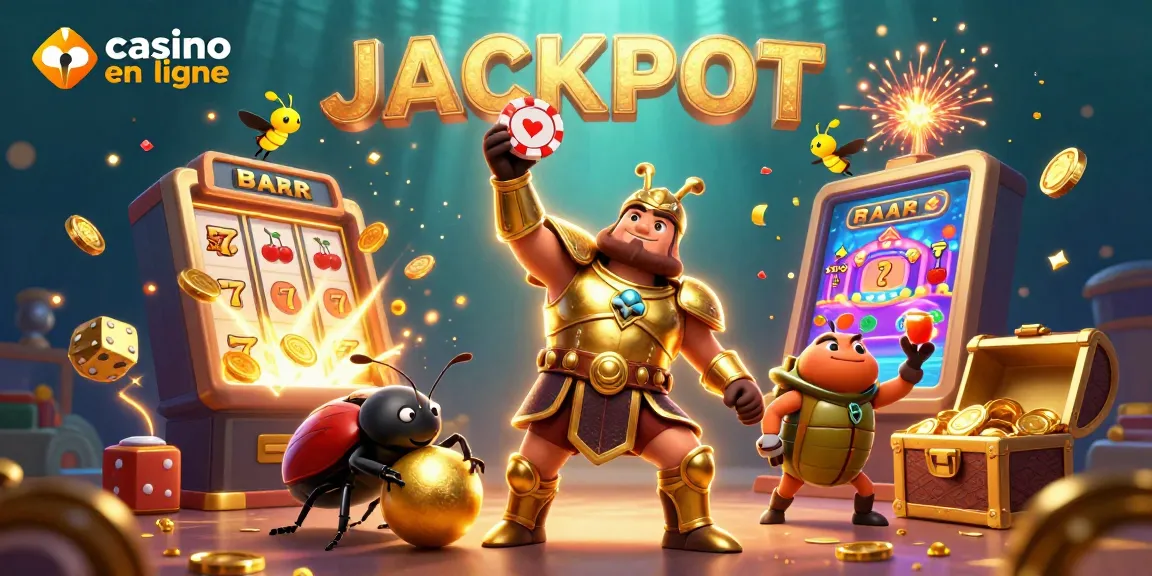 Gagnez au casino en ligne avec un hércule en armure dorée célébrant un jackpot.