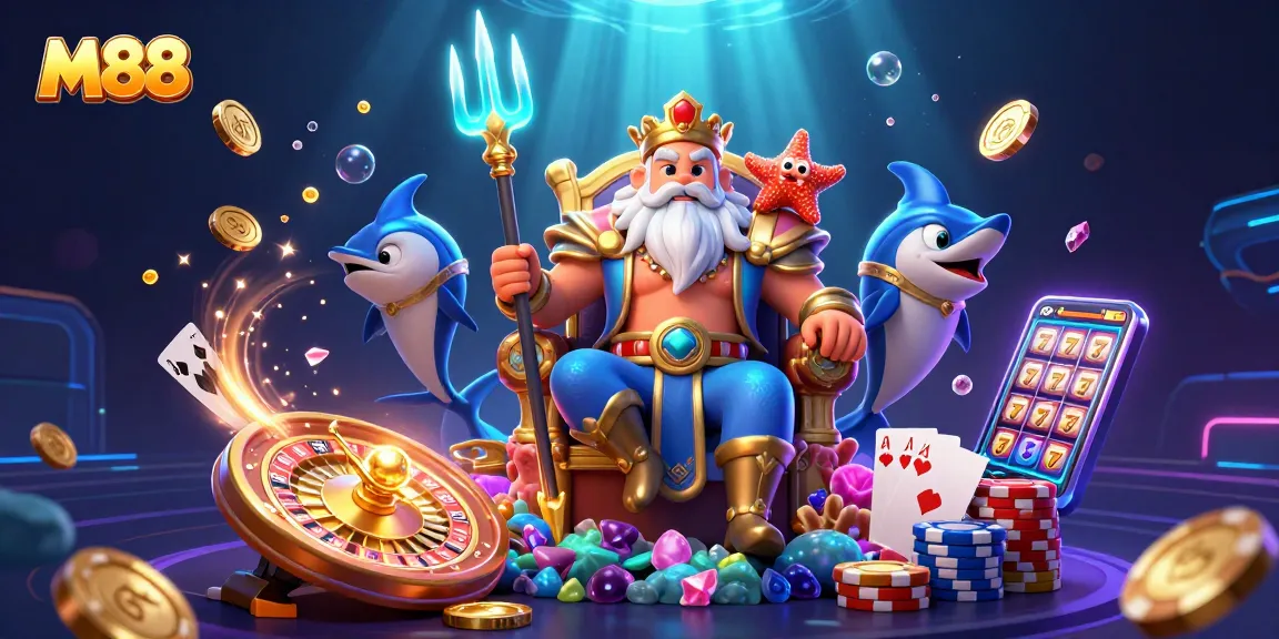 M88 creates a vibrant casino atmosphere with Neptune and treasures showcasing excitement.